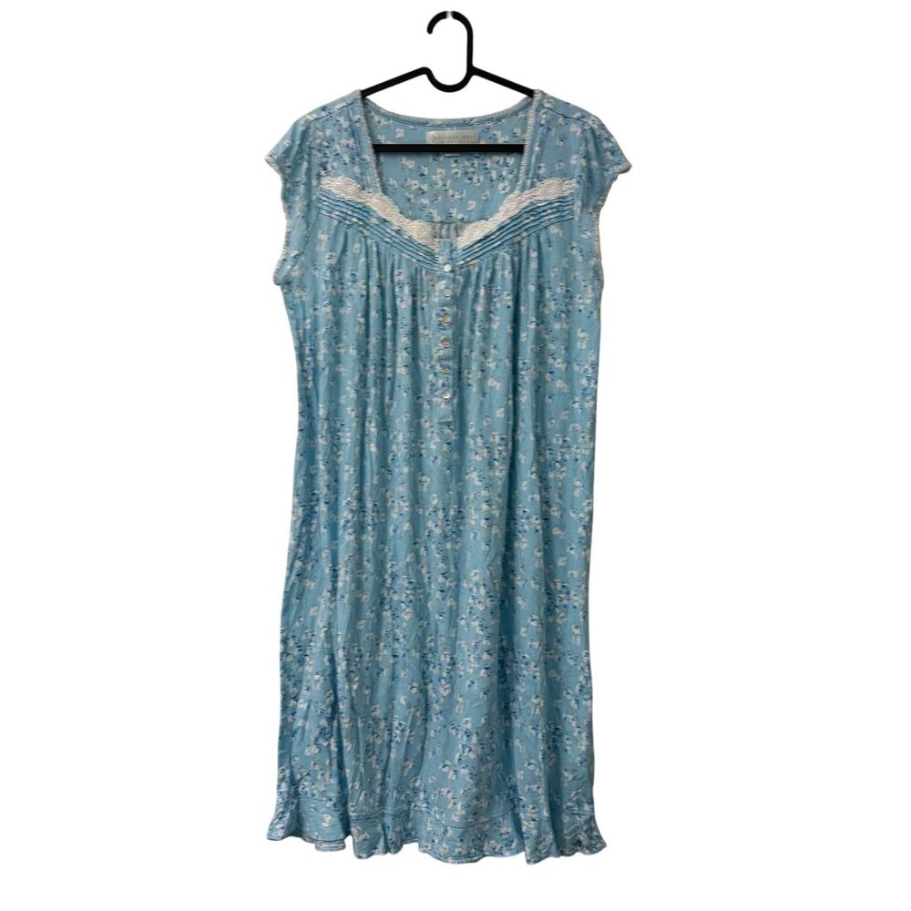 Eileen West Blue Floral Lace Trim Short Sleeve Nightgown Womens Size Medium